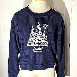 Unwind by league crop sweatshirt relaxed lifestyle blue with trees. Size XL